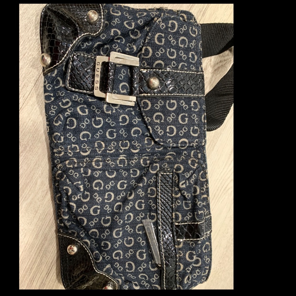 Vintage Guess Logo Monogram black and dark blue waist Fanny Bag